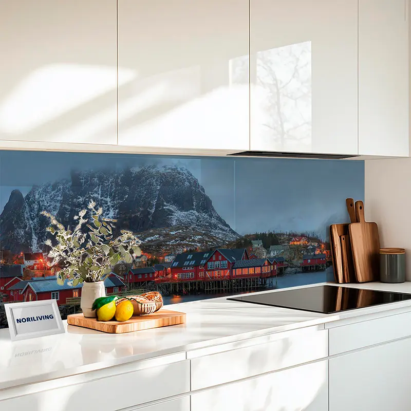 Küchenrückwand Echtglasoptik Profiline Abenddämmerung in einem Fischerdorf Norwegen 324