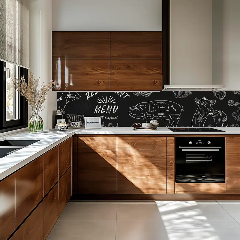 Einbauküche mit Holzschränken und schwarzer Tafelrückwand