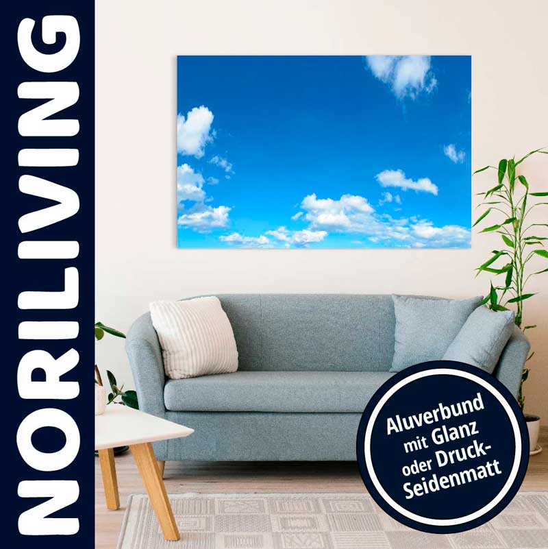 Wohnzimmer mit blauem Himmel auf Aluverbund-Wandbild, hellblauem Sofa und Pflanzen