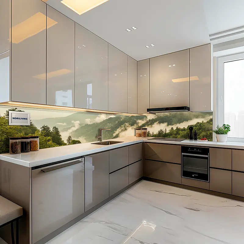 Einbauküche mit Nebelwald-Motiv als Glasrückwand