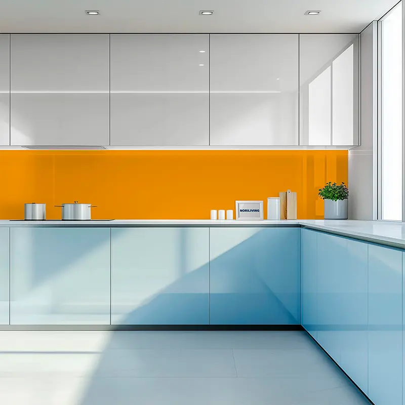 Helle Einbauküche mit blau glänzenden Unterschränken