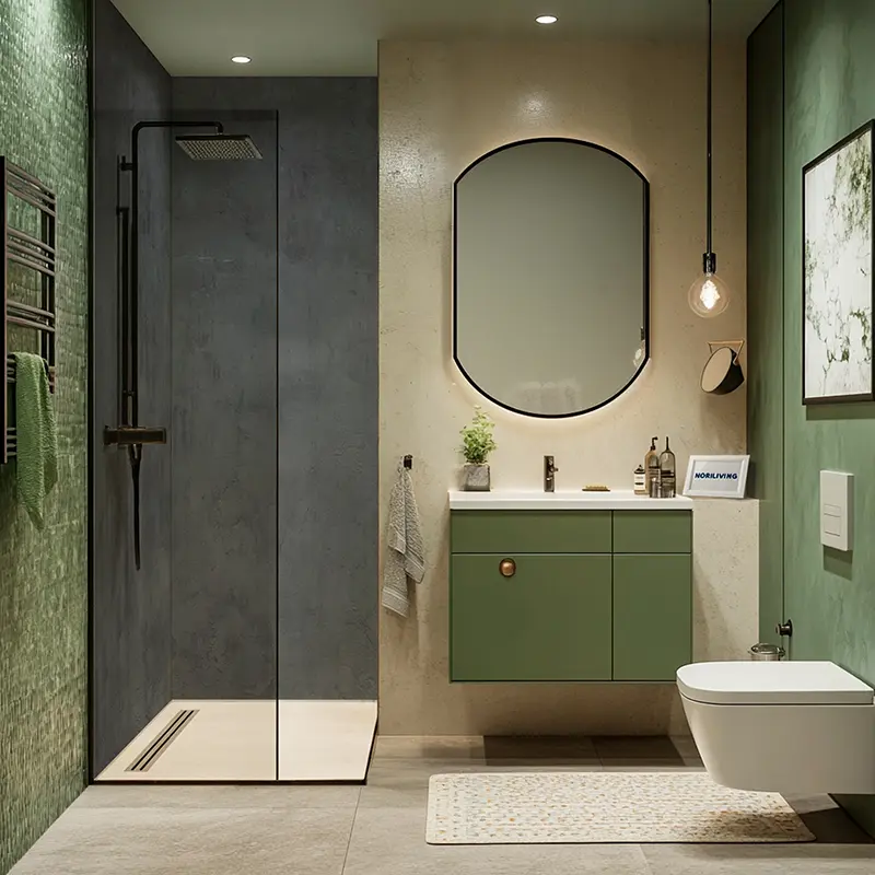 Elegantes Bad mit Spiegel, WC und Glasdusche