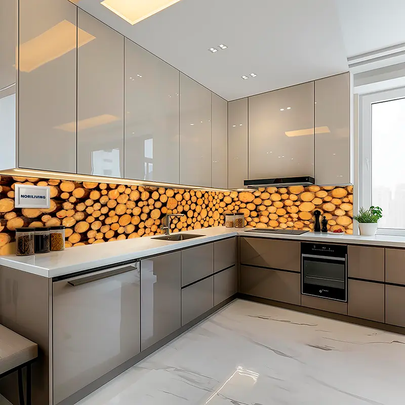 Helle Einbauküche mit dekorativer Holzstamm-Glasrückwand