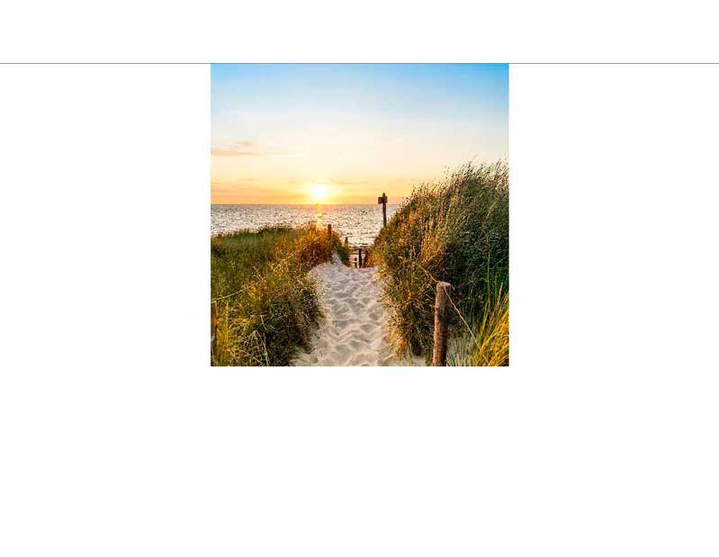 Ein Sandweg führt durch hohe Dünen zum Meer, während die Sonne am Horizont untergeht.