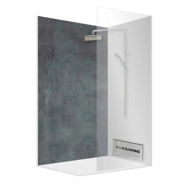 Walk-in Dusche mit Glaswand, Regenbrause und Ablaufrinne