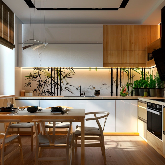 Helle, moderne Küche mit Esstisch, Stühlen, Pflanzen und stilvoller Beleuchtung