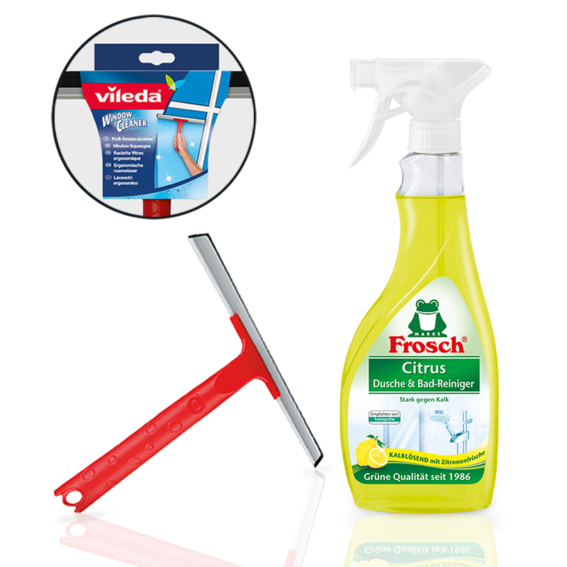 Fensterabzieher von Vileda und Frosch Citrus Dusche & Bad-Reiniger