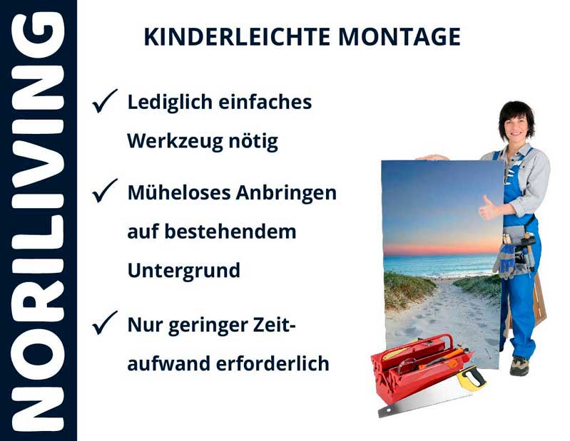 Noriliving Werbung: Frau mit Werkzeug zeigt ein einfach zu montierendes Bild, kinderleichte Anbringung durch einfache Werkzeuge, schneller Prozess.