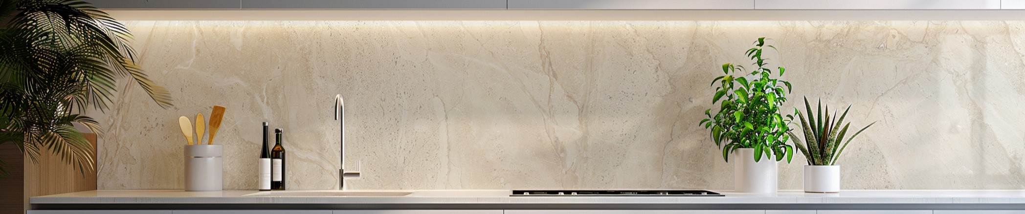 Eine moderne Küche mit einer eleganten Marmor-Rückwand, einer Spüle mit Wasserhahn, Pflanzen und Küchenutensilien in stilvoller Anordnung.