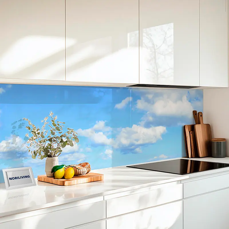 Moderne weiße Küche mit blauer Himmel-Rückwand