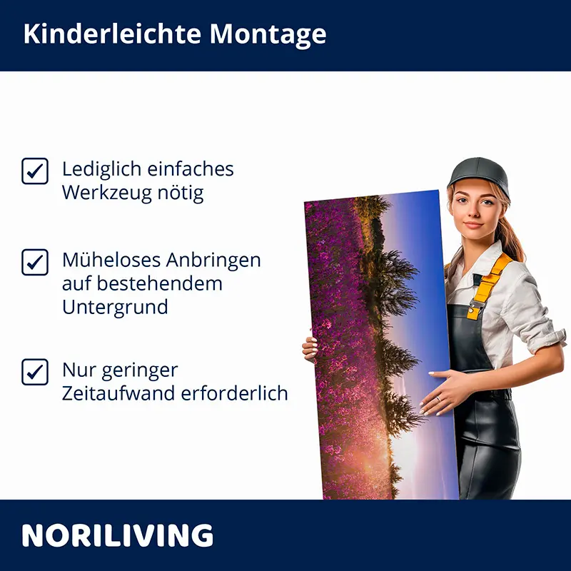 Frau mit Wandbild und Hinweis zur einfachen Montage