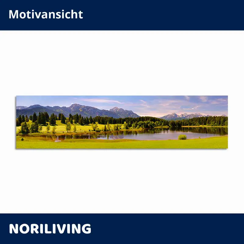 Panoramabild: See, Wiese und Alpen auf Leinwand