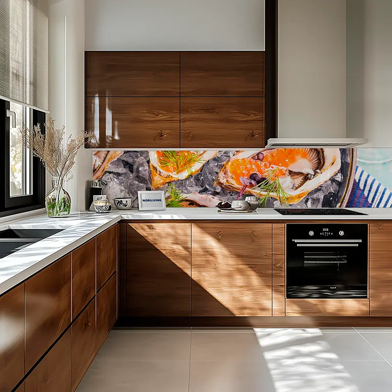 Küche mit Holzschränken und maritimem Rückwandmotiv