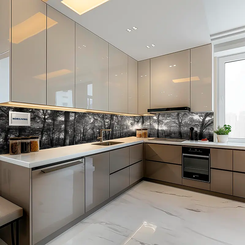 Beige Einbauküche mit schwarzem Wald-Glasrücken