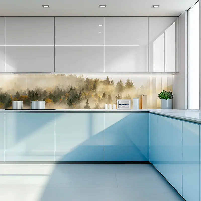 Weiße Küche mit blauen Fronten und Waldmotiv