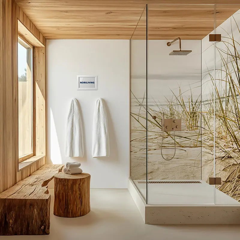 Helles Bad mit Dusche, Holzbank und Strandmotiv