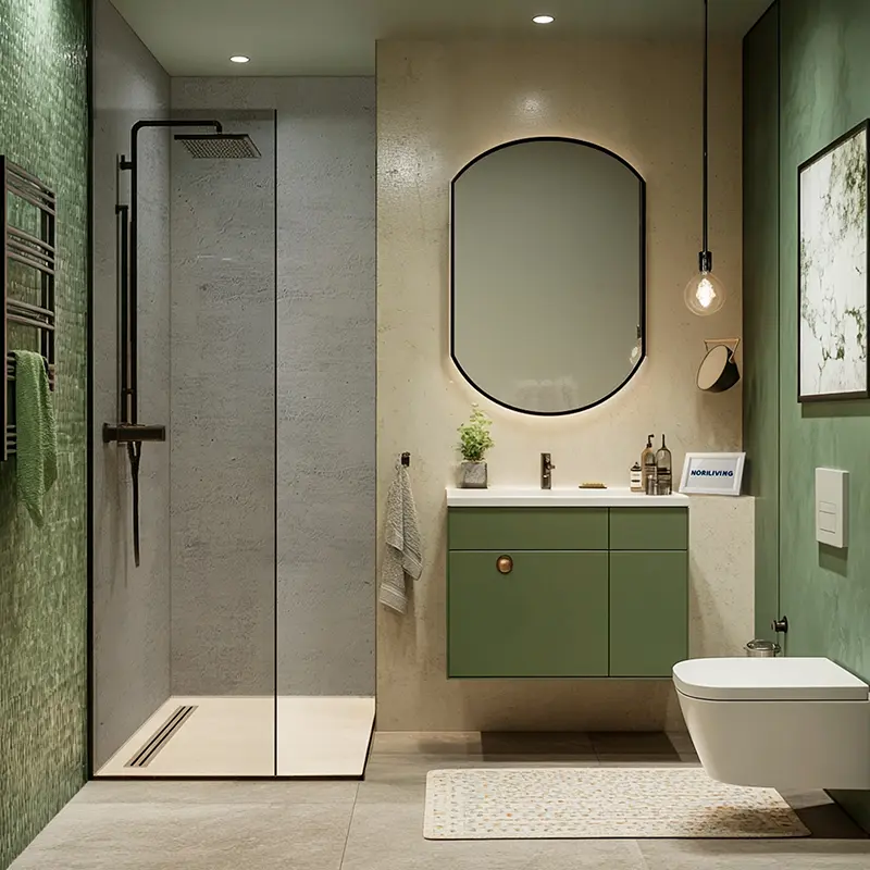 Grünes Badezimmer mit bodengleicher Dusche