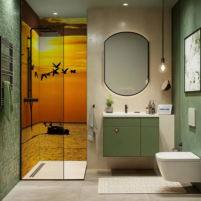 Modernes Bad mit grüner Möbelserie und Motivdusche