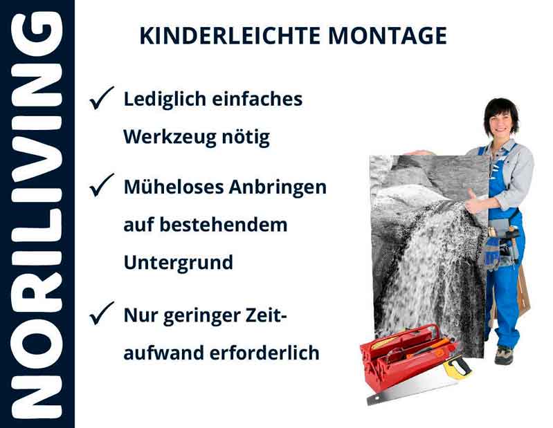 Eine Frau präsentiert eine Montagehilfe von Noriliving, einfache Werkzeuge und Anleitungen für schnelle Installation