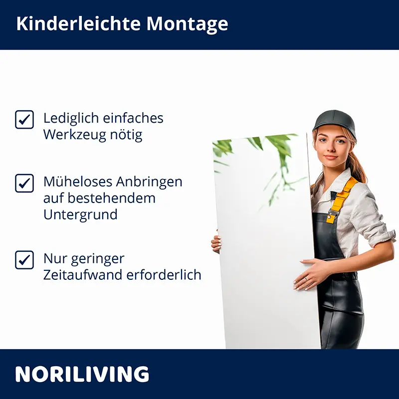 Handwerkerin hält Spiegelplatte, Montageinfos links