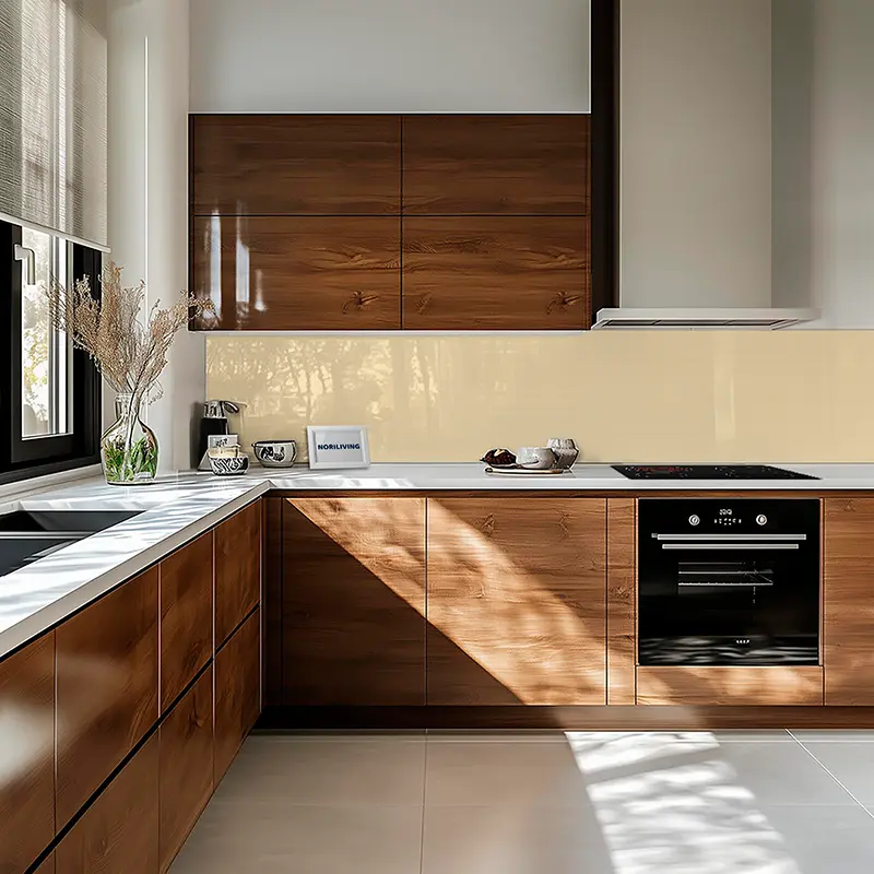 Helle Eckküche mit Arbeitsplatte, Herd und Dunstabzug