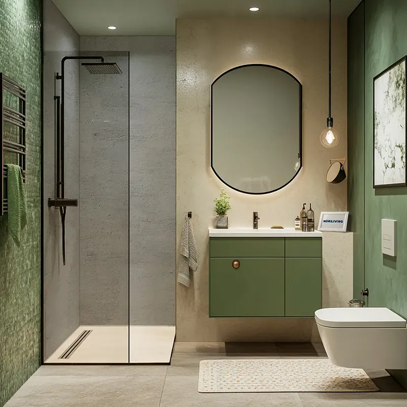 Grünes Bad mit Dusche, Waschtisch und WC