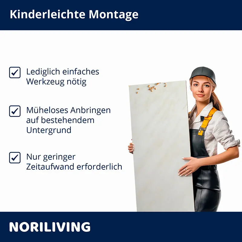 Frau in Arbeitskleidung hält Paneel, Noriliving