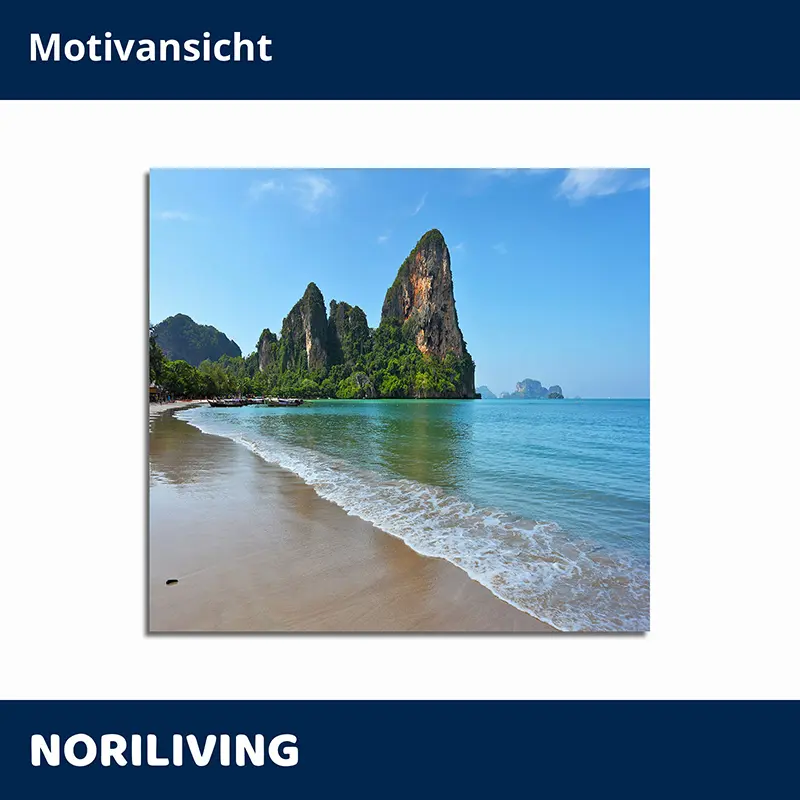 Wandbild: tropischer Strand und steile Felsen