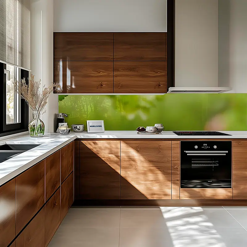 Einbauküche Holzfronten, grüne Glasrückwand