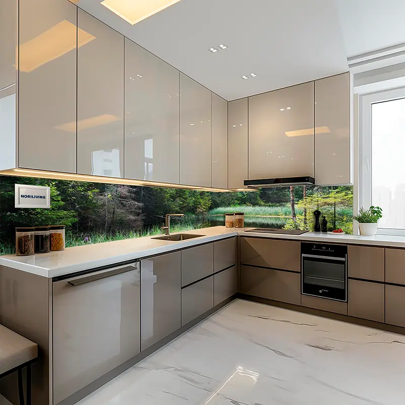 Helle U-förmige Küche mit Wald-Glasmotiv