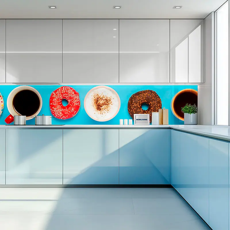 Moderne Küche mit Rückwandmotiv: Donuts und Kaffee