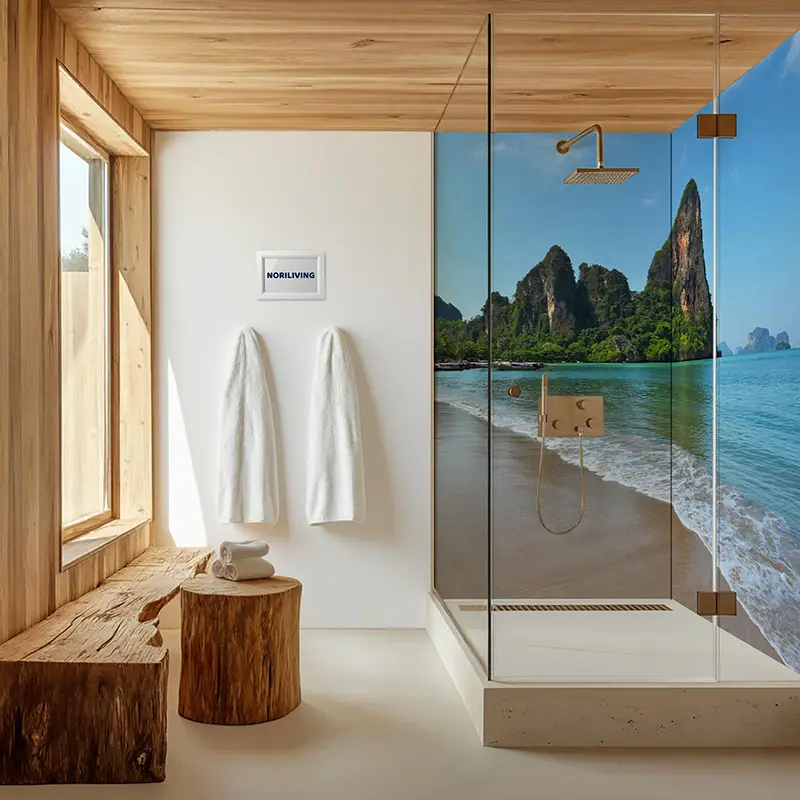 Glasdusche mit Strandbild und Holz-Akzenten