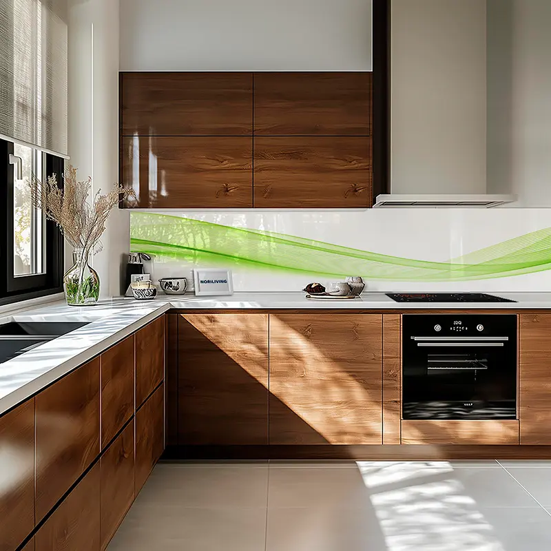 Offene Küche Holzfronten mit grünem Spritzschutz