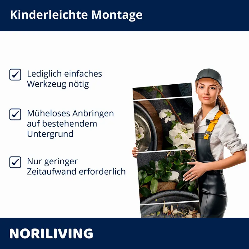 Frau hält mehrteiliges Blumen-Wandbild, einfache Montage