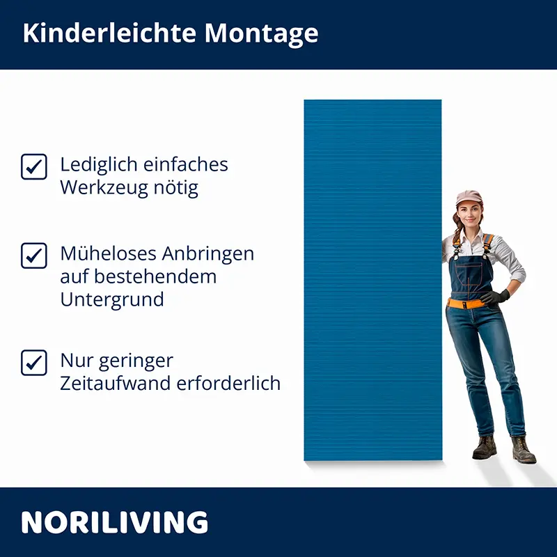 Frau neben blauer Wandplatte und Montagehinweisen