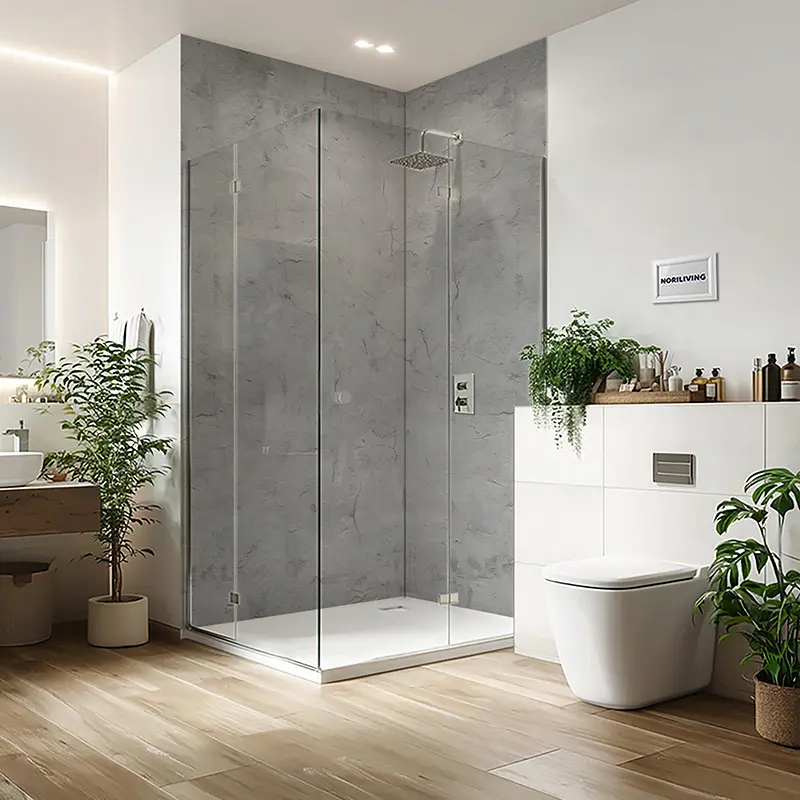 Moderne Eckdusche aus Klarglas im Badezimmer