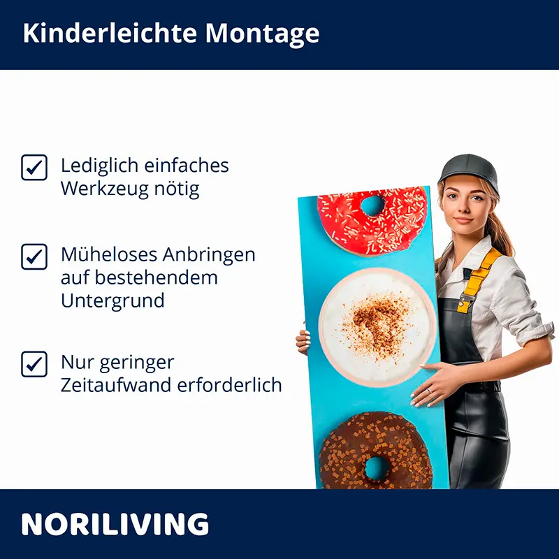 Frau hält Donut-Bildtafel, Hinweis auf einfache Montage