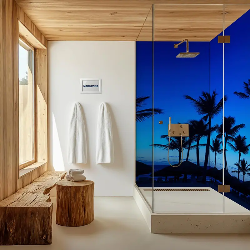 Helles Holzbad mit Glasdusche und Strand-Palmenbild