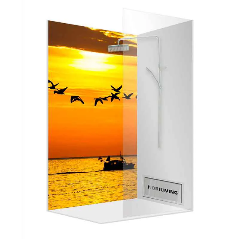 Duschwand mit Sonnenuntergang-Motiv, Vögel und Boot