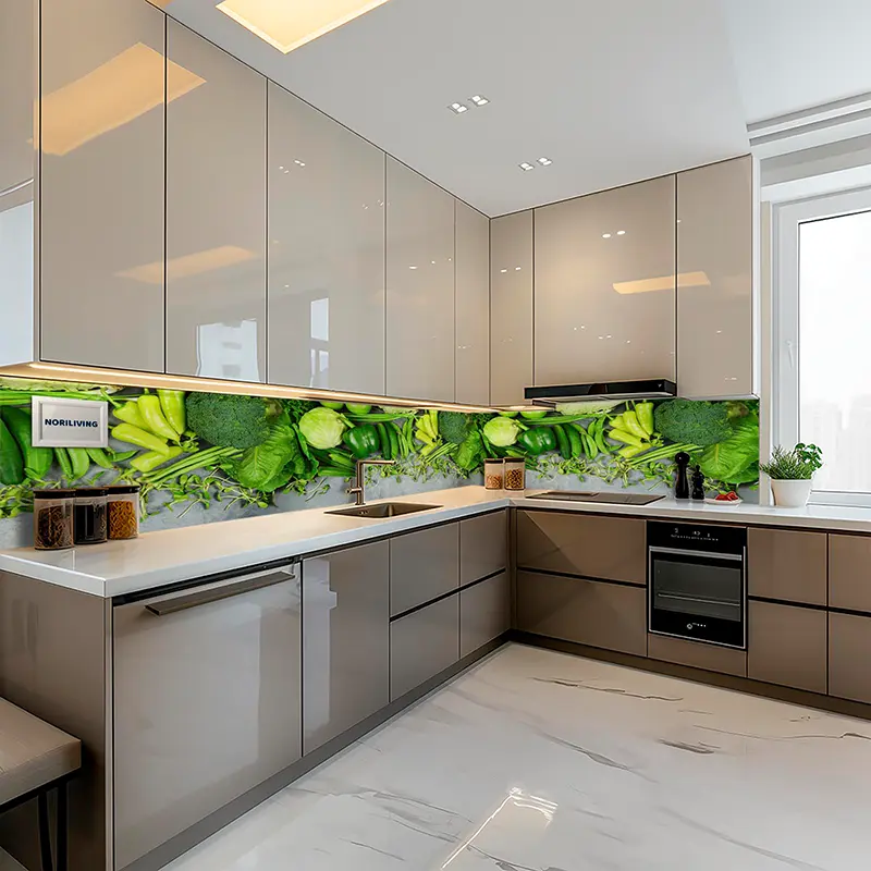 Helle Einbauküche mit grünem Gemüse-Motiv als Spritzschutz