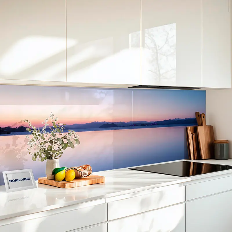 Küchenrückwand Echtglasoptik Profiline Abendstimmung am ruhigen See mit Bergsilhouette 394