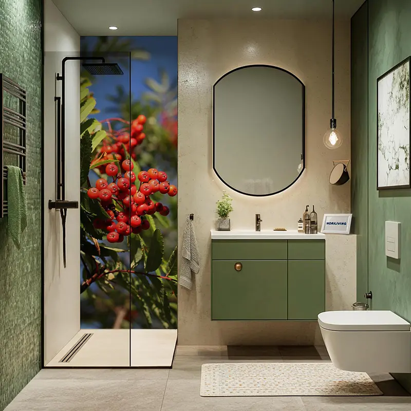 Grünes Bad mit Spiegel, Waschbecken und Beeren-Dusche