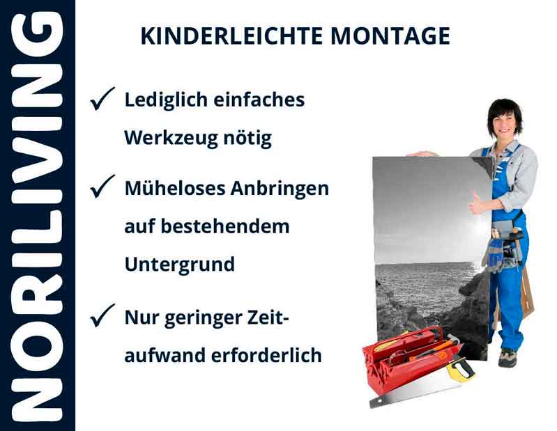 Person mit Werkzeugkasten zeigt kinderleichte Montage von Noriliving-Produkten mit minimalem Werkzeug und Zeitaufwand.