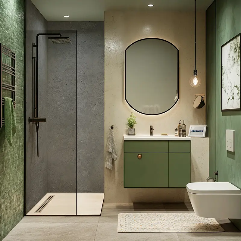 Badezimmer mit grüner Waschtischlösung und Glasdusche