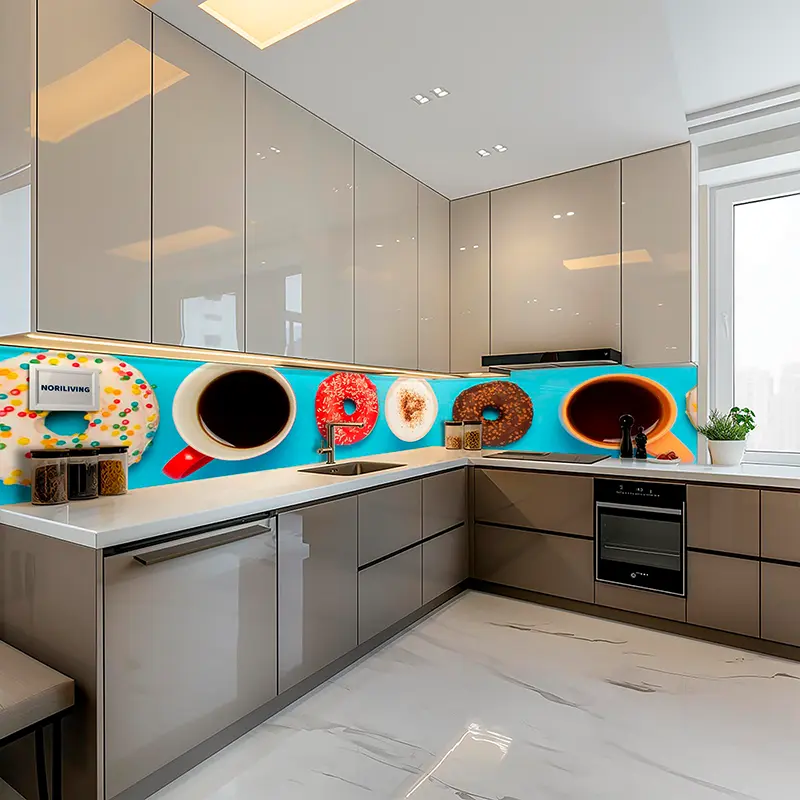 Küchenrückwand mit Kaffee- und Donut-Motiv