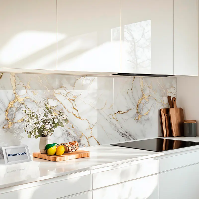 Moderne weiße Küche mit Marmor-Goldrückwand
