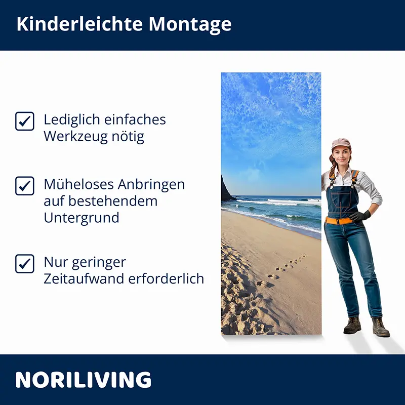 Wandbild Strandmotiv mit Montagehinweis und Handwerkerin
