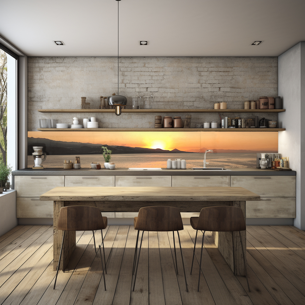 Eine stilvolle Küche mit modernem Design, rustikalem Holztisch und einem beeindruckenden Sonnenuntergangsbild als Rückwand, umgeben von minimalistischen Regalen und Geräten.