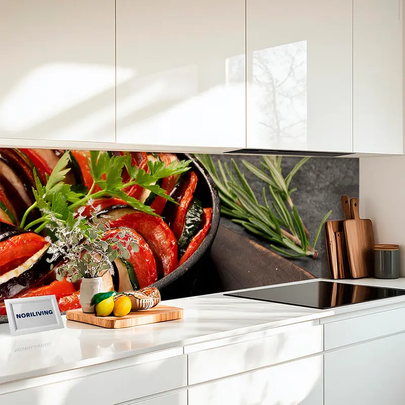 Bunte Ratatouille-Pfanne als Küchenrückwand