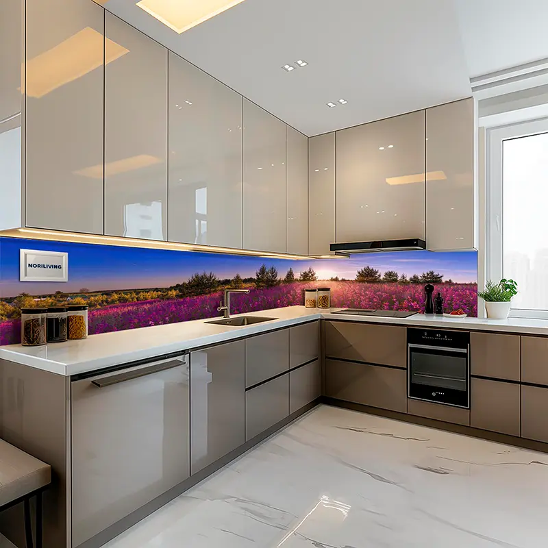 Helle Einbauküche mit Lavendel-Motiv als Glasrückwand